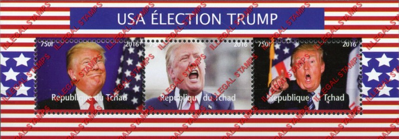 Chad 2016 US Presidential Election Donald Trump Illegal Stamps in Souvenir Sheet of 3