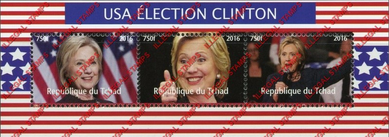 Chad 2016 US Presidential Election Hillary Clinton Illegal Stamps in Souvenir Sheet of 3