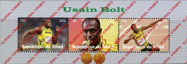 Chad 2016 Usain Bolt Sprinter Illegal Stamps in Souvenir Sheet of 3