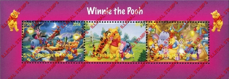 Chad 2016 Winnie the Pooh Illegal Stamps in Souvenir Sheet of 3