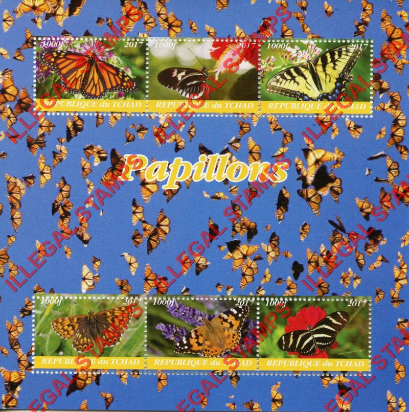 Chad 2017 Butterflies Illegal Stamps in Souvenir Sheet of 6