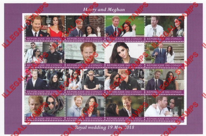 Chad 2017 Royal Wedding (2018) Harry and Meghan Illegal Stamps in Sheet of 16