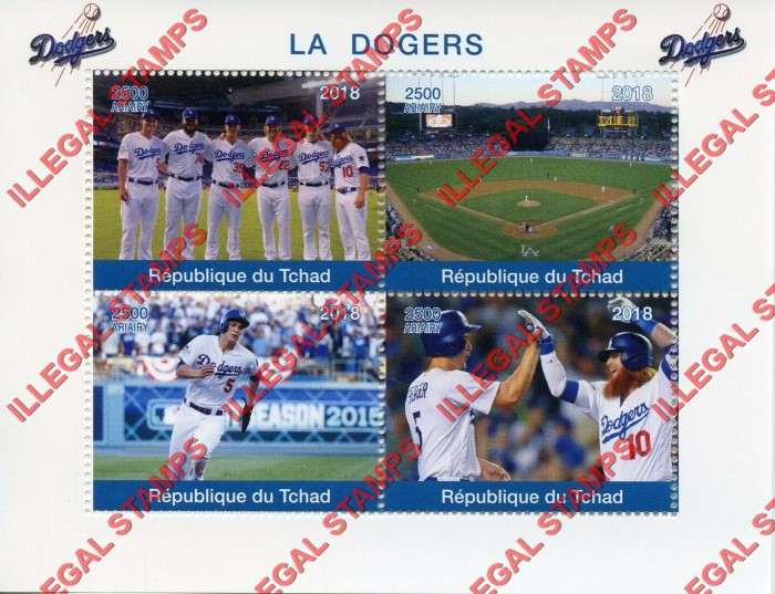 Chad 2018 Baseball LA Dodgers Illegal Stamps in Souvenir Sheet of 4