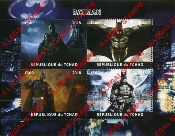 Chad 2018 Batman Illegal Stamps in Souvenir Sheet of 4