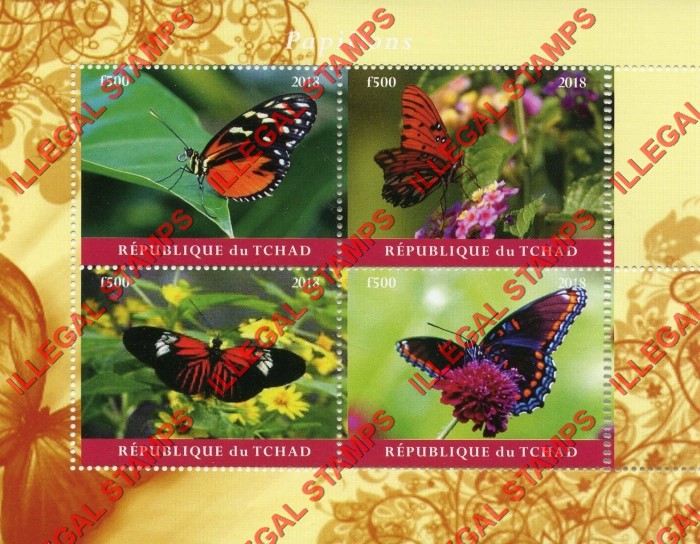 Chad 2018 Butterflies Illegal Stamps in Souvenir Sheet of 4