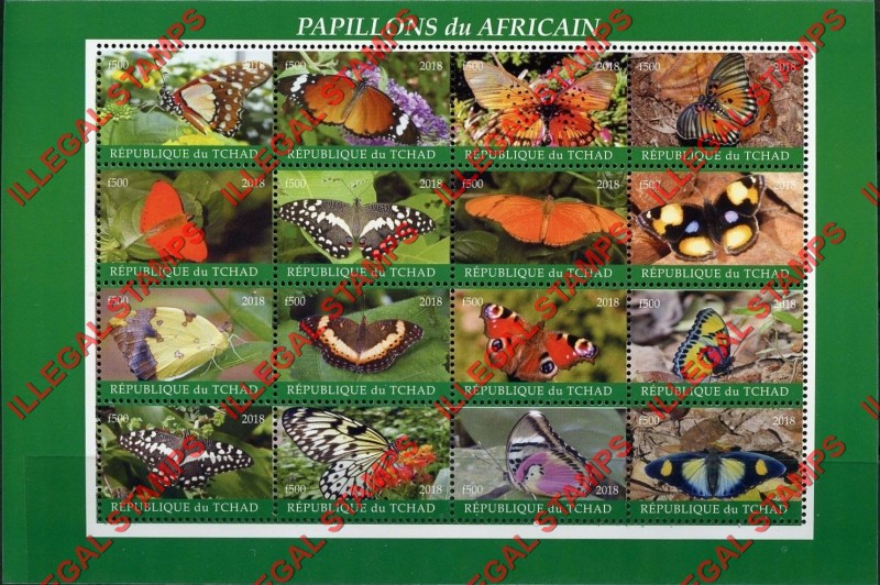 Chad 2018 Butterflies in Africa Illegal Stamps in Sheet of 16
