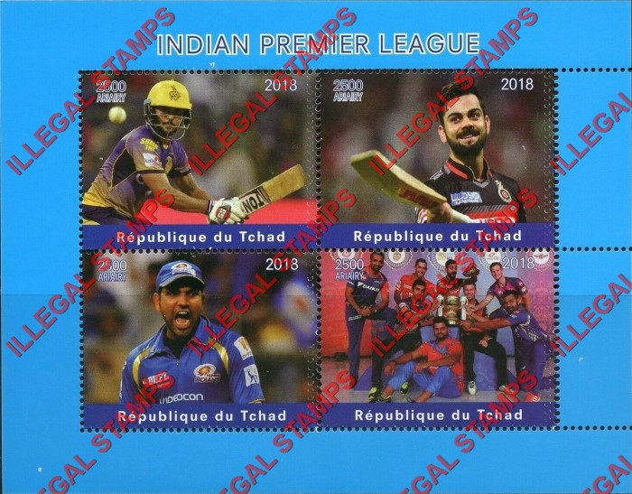 Chad 2018 Cricket Indian Premier League Illegal Stamps in Souvenir Sheet of 4