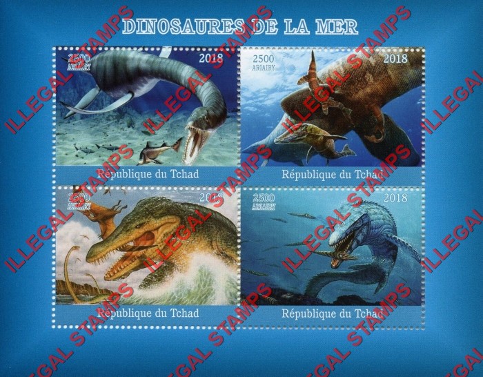 Chad 2018 Dinosaurs in the Sea Illegal Stamps in Souvenir Sheet of 4