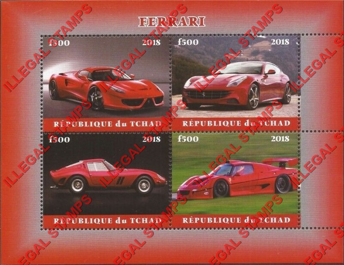 Chad 2018 Ferrari Illegal Stamps in Souvenir Sheet of 4
