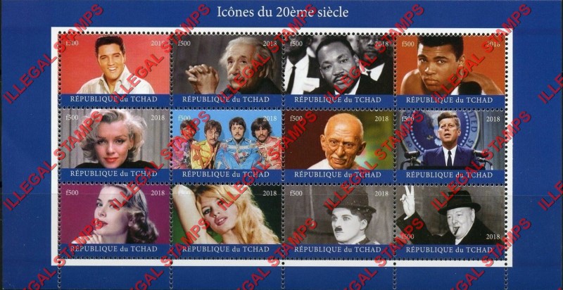 Chad 2018 Icons of the 20th Century Illegal Stamps in Sheet of 12