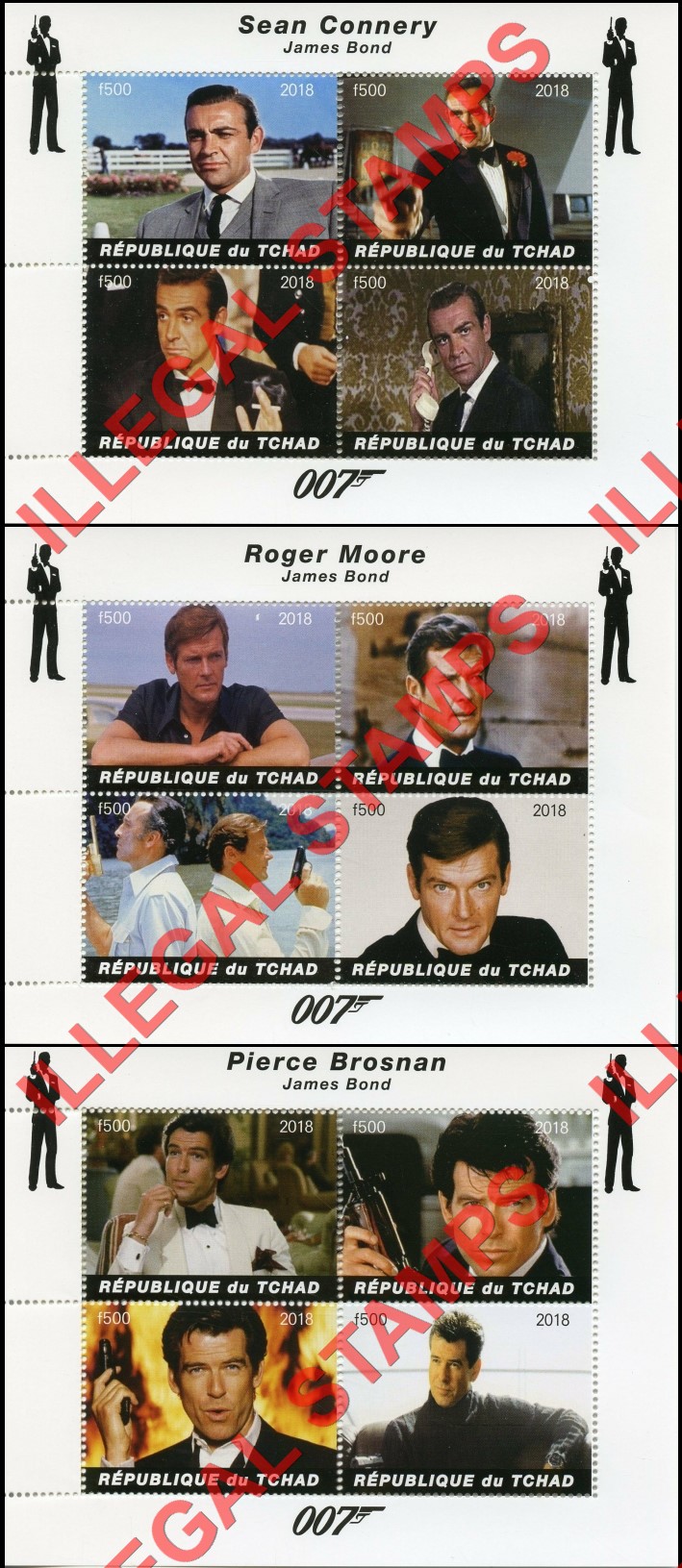 Chad 2018 James Bond Actors Illegal Stamps in Souvenir Sheets of 4