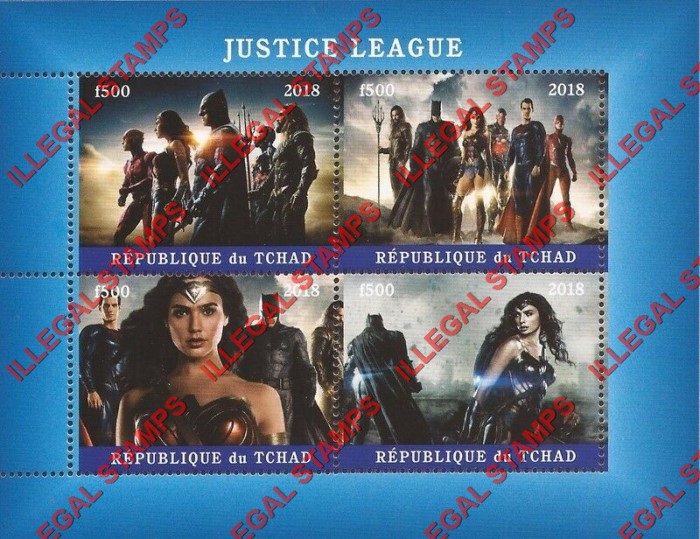 Chad 2018 Justice League Illegal Stamps in Souvenir Sheet of 4