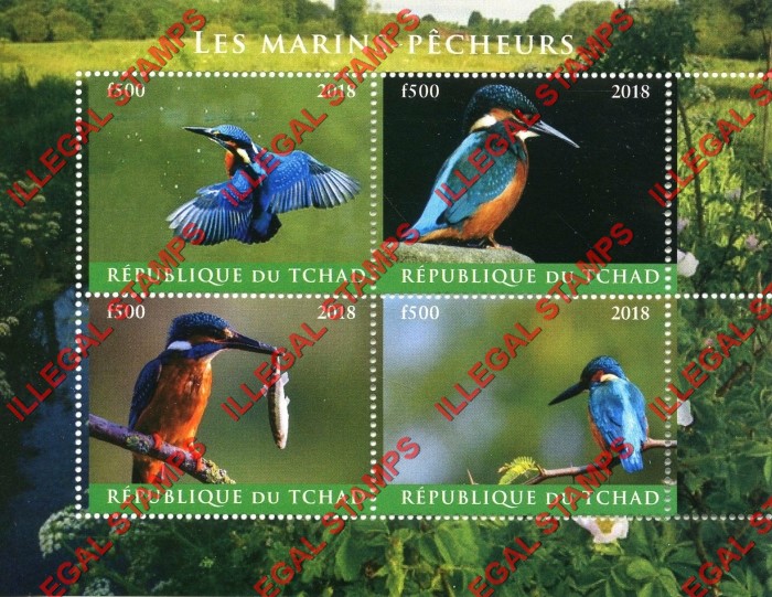 Chad 2018 Kingfishers Birds Illegal Stamps in Souvenir Sheet of 4
