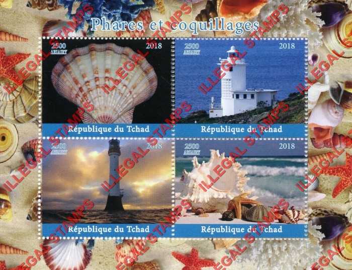 Chad 2018 Lighthouses and Shells Illegal Stamps in Souvenir Sheet of 4