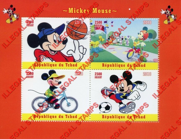 Chad 2018 Mickey Mouse Illegal Stamps in Souvenir Sheet of 4