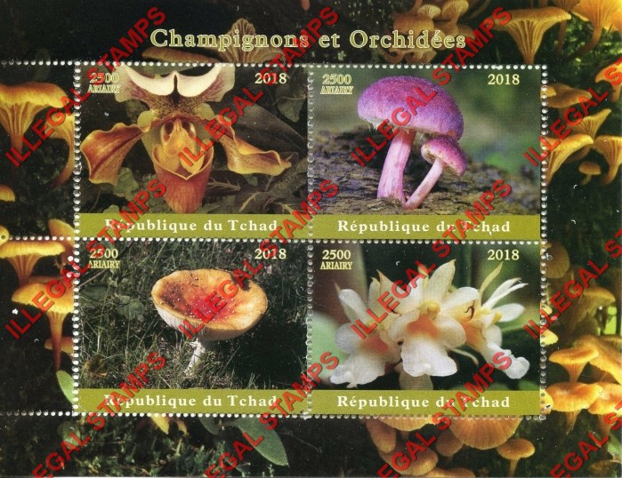 Chad 2018 Mushrooms and Orchids Illegal Stamps in Souvenir Sheet of 4