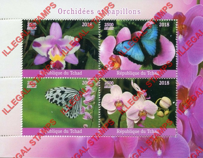Chad 2018 Orchids and Butterflies Illegal Stamps in Souvenir Sheet of 4