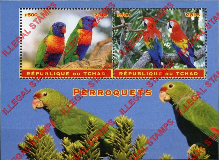 Chad 2018 Parrots Illegal Stamps in Souvenir Sheet of 2