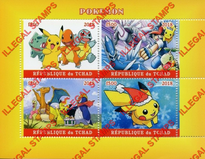 Chad 2018 Pokemon Illegal Stamps in Souvenir Sheet of 4