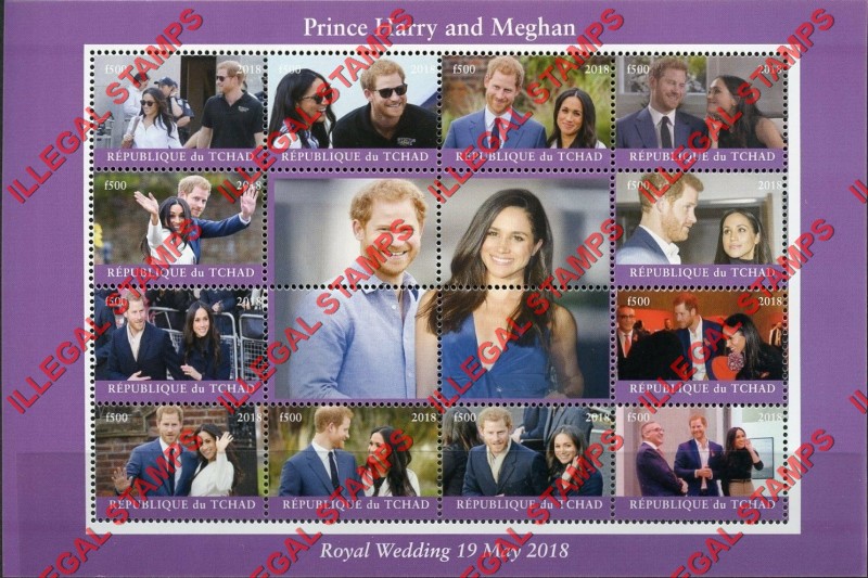 Chad 2018 Royal Wedding Prince Harry and Meghan Markle Illegal Stamps in Sheet of 12 Plus 4 Labels