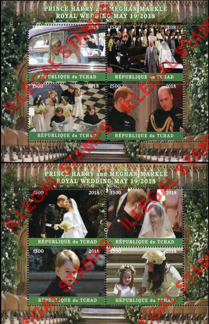 Chad 2018 Royal Wedding Prince Harry and Meghan Markle Illegal Stamps in Souvenir Sheets of 4 (Part 1)