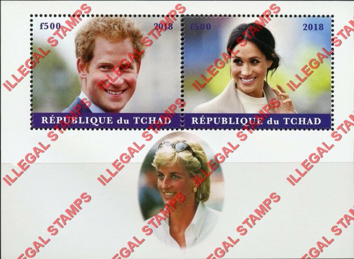 Chad 2018 Royal Wedding Prince Harry and Meghan Markle Illegal Stamps in Souvenir Sheet of 2