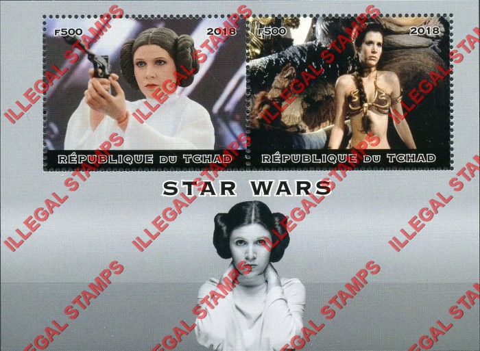 Chad 2018 Star Wars Carrie Fisher Illegal Stamps in Souvenir Sheet of 2