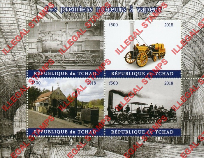 Chad 2018 Steam Trains Illegal Stamps in Souvenir Sheet of 4