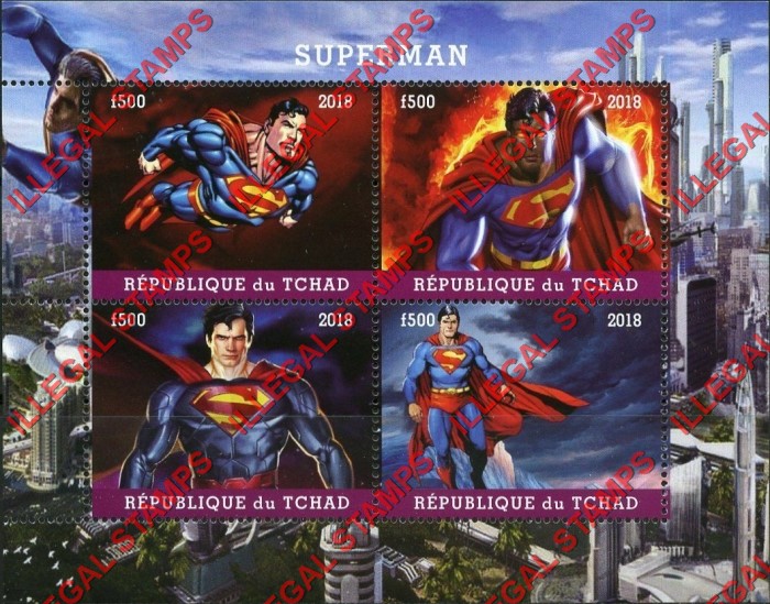 Chad 2018 Superman Illegal Stamps in Souvenir Sheet of 4
