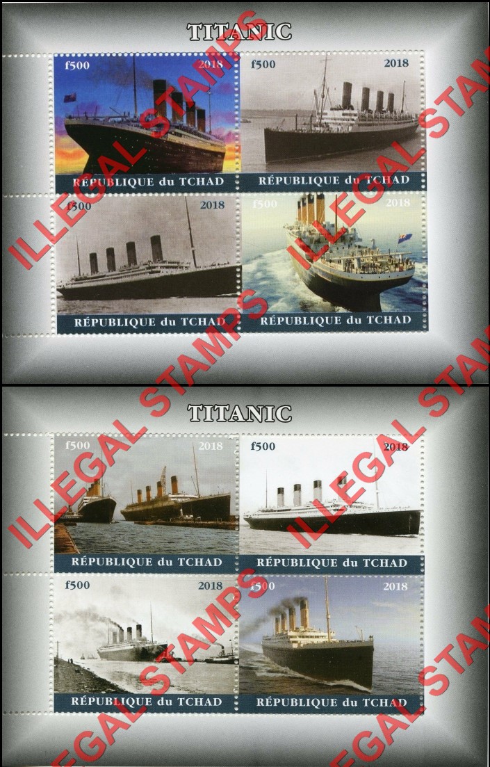 Chad 2018 Titanic Illegal Stamps in Souvenir Sheets of 4