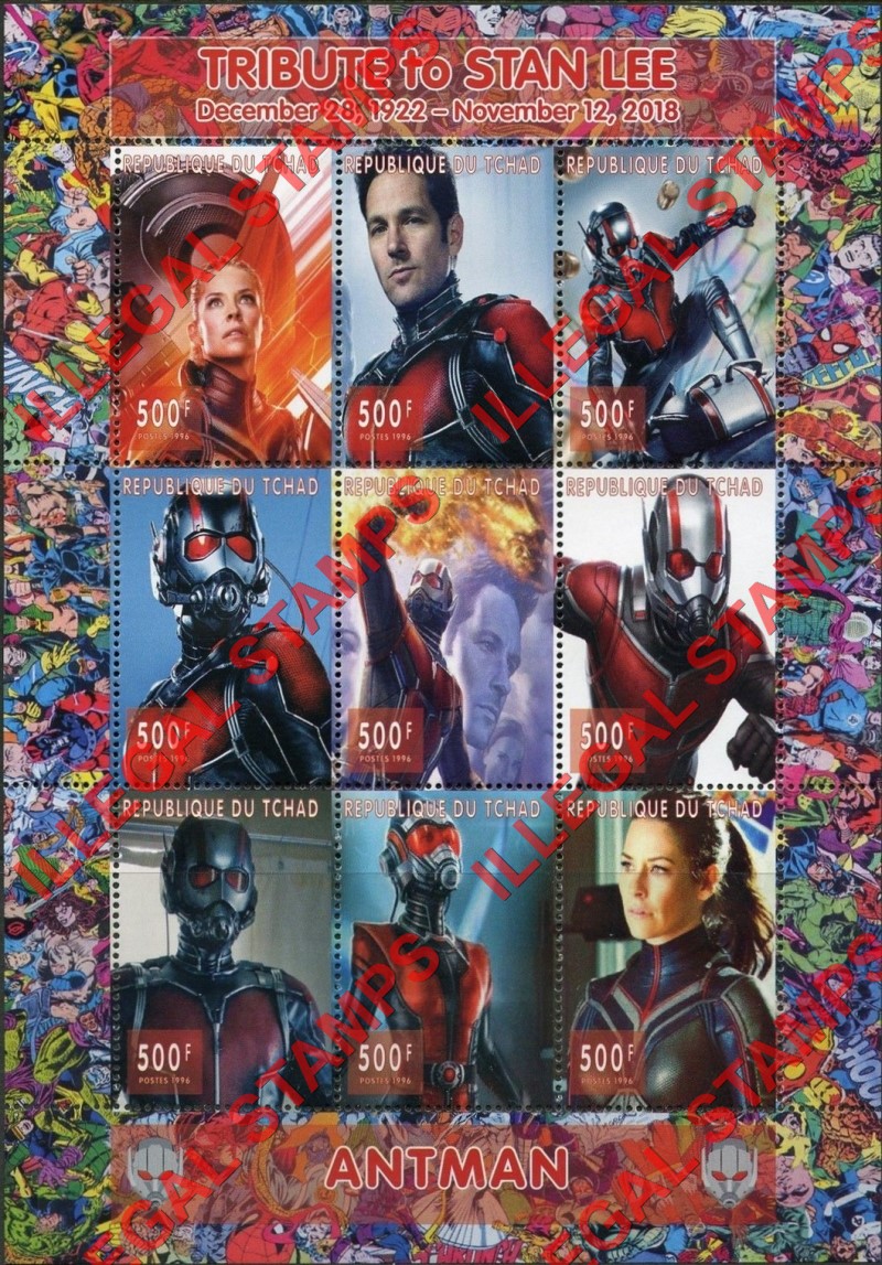 Chad 2018 Tribute to Stan Lee Antman Comics Illegal Stamps in Sheet of 9