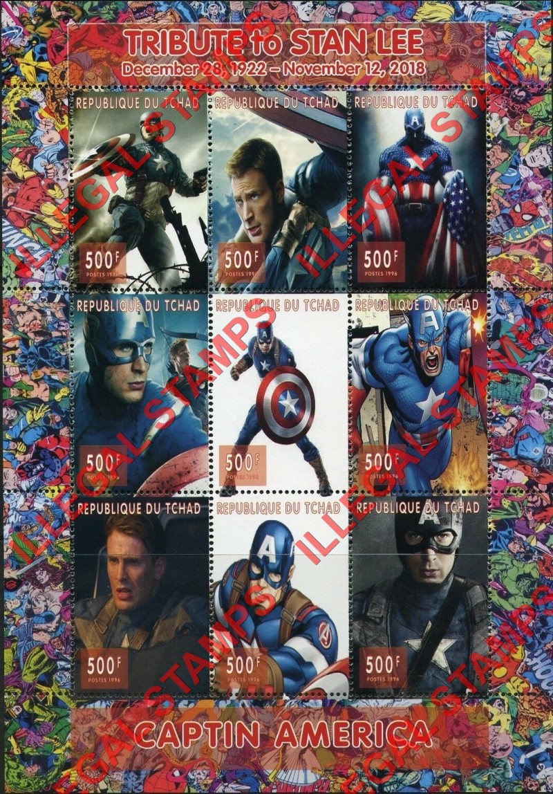 Chad 2018 Tribute to Stan Lee Captain America Comics Illegal Stamps in Sheet of 9