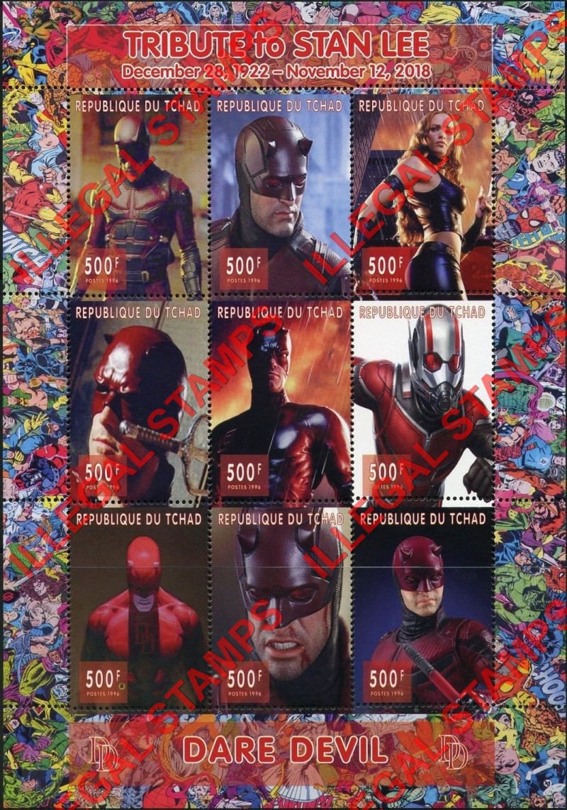 Chad 2018 Tribute to Stan Lee Dare Devil Comics Illegal Stamps in Sheet of 9