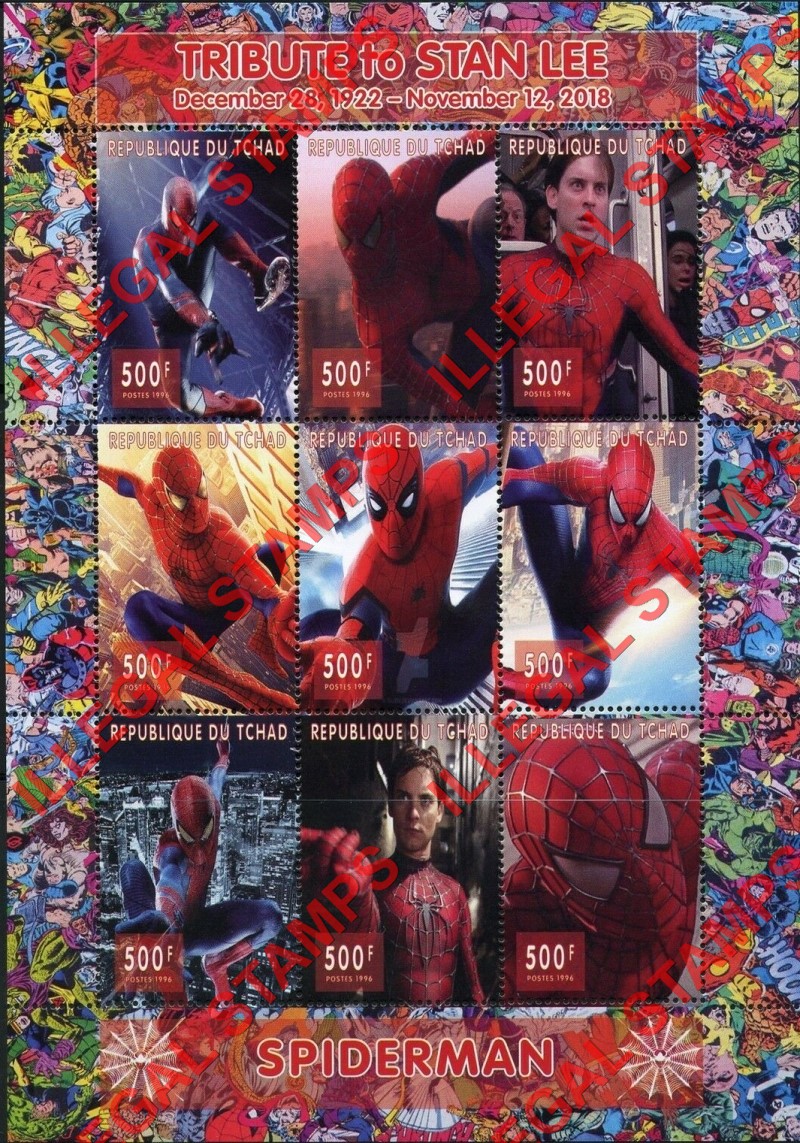 Chad 2018 Tribute to Stan Lee Spiderman Comics Illegal Stamps in Sheet of 9