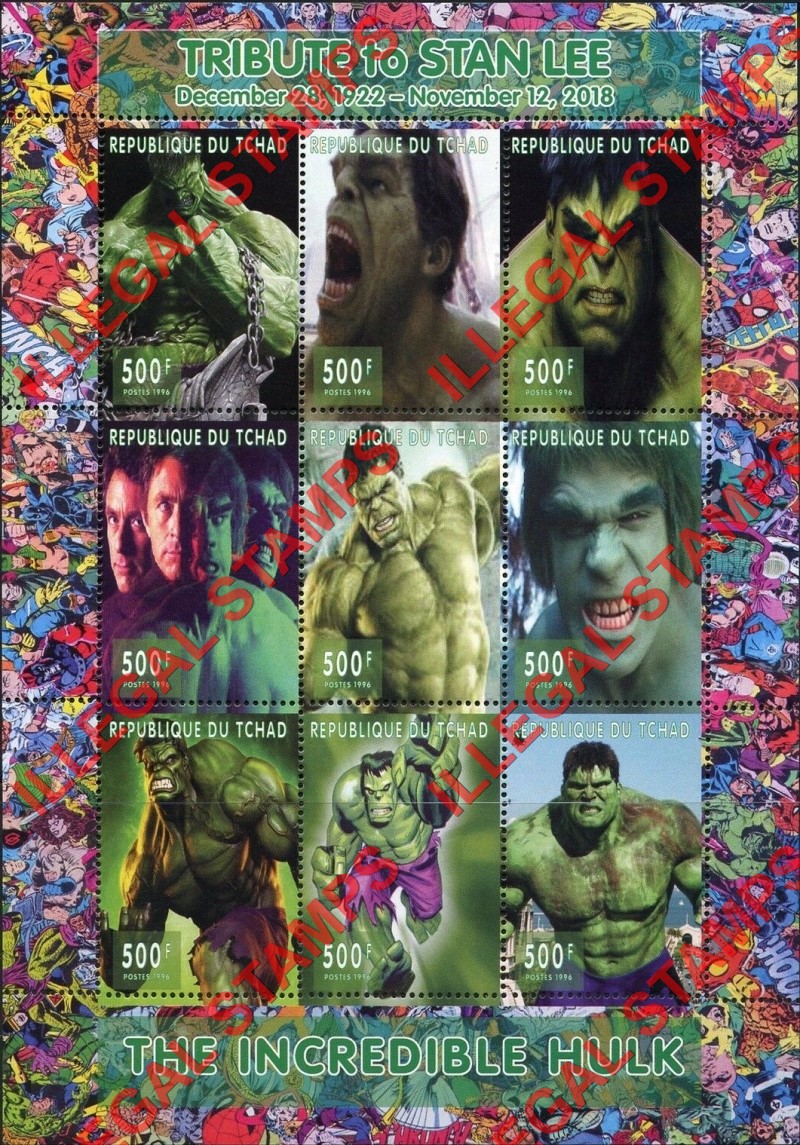 Chad 2018 Tribute to Stan Lee The Incredible Hulk Comics Illegal Stamps in Sheet of 9