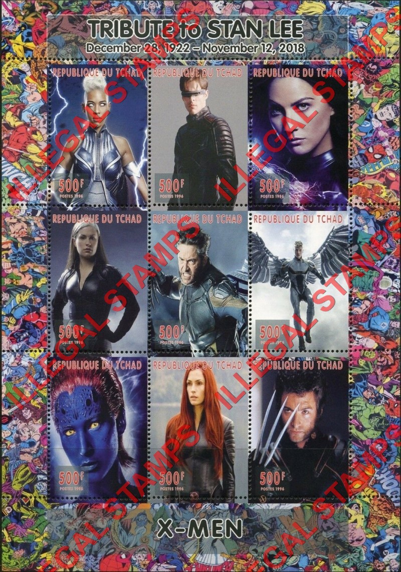 Chad 2018 Tribute to Stan Lee X-Men Comics Illegal Stamps in Sheet of 9