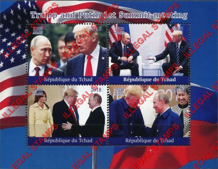Chad 2018 Trump and Putin Meeting Illegal Stamps in Souvenir Sheet of 4