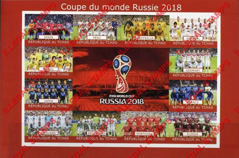 Chad 2018 World Cup Soccer in Russia Illegal Stamps in Sheet of 12 Plus 4 Labels