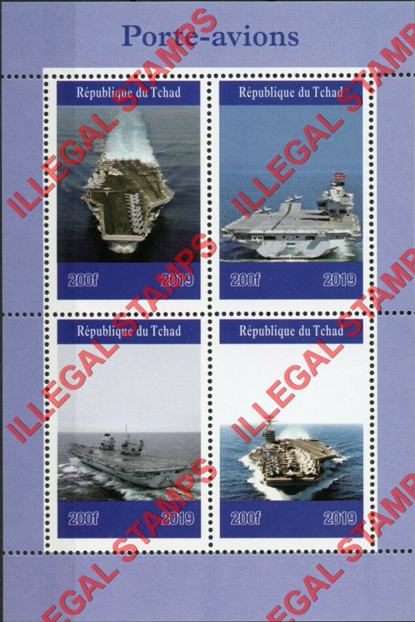 Chad 2019 Aircraft Carriers Illegal Stamps in Souvenir Sheet of 4