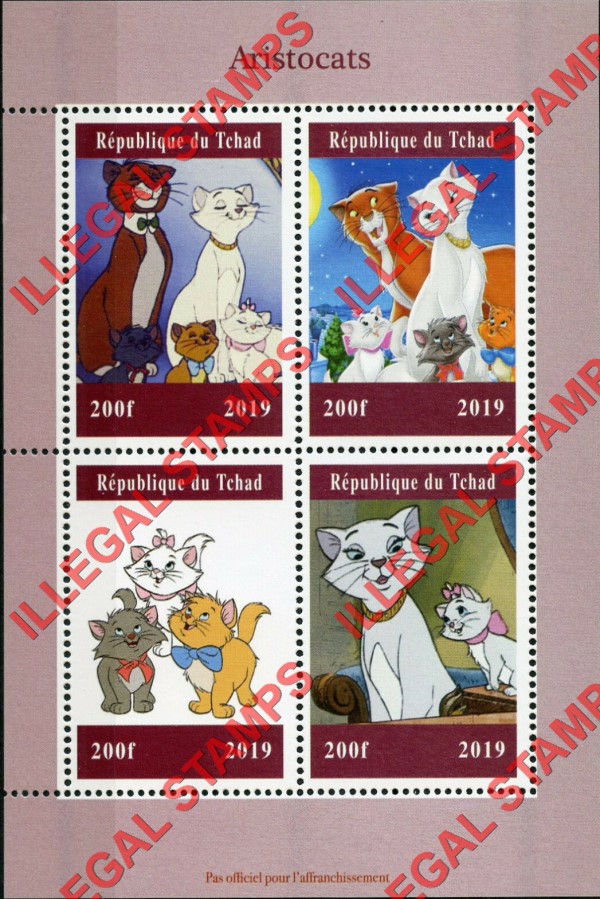 Chad 2019 Aristocats Illegal Stamps in Souvenir Sheet of 4