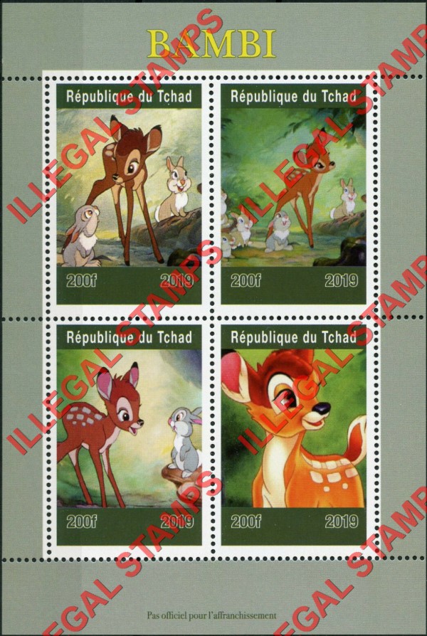 Chad 2019 Bambi Illegal Stamps in Souvenir Sheet of 4