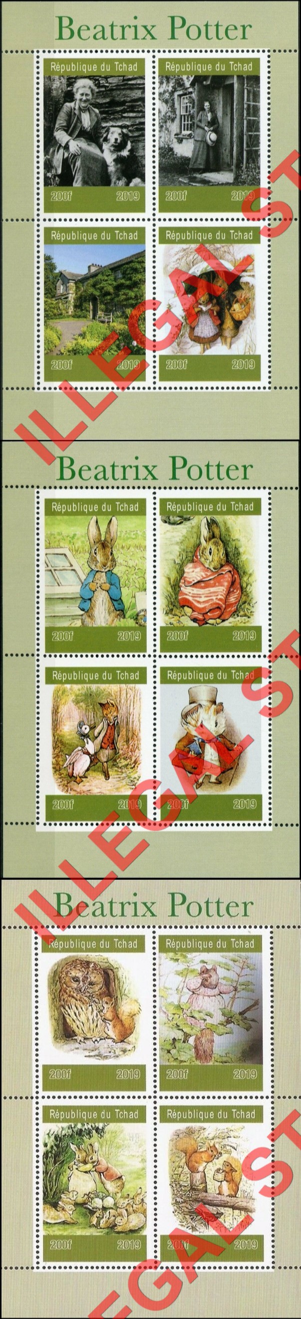 Chad 2019 Beatrix Potter Peter Rabbit Illegal Stamps in Souvenir Sheets of 4