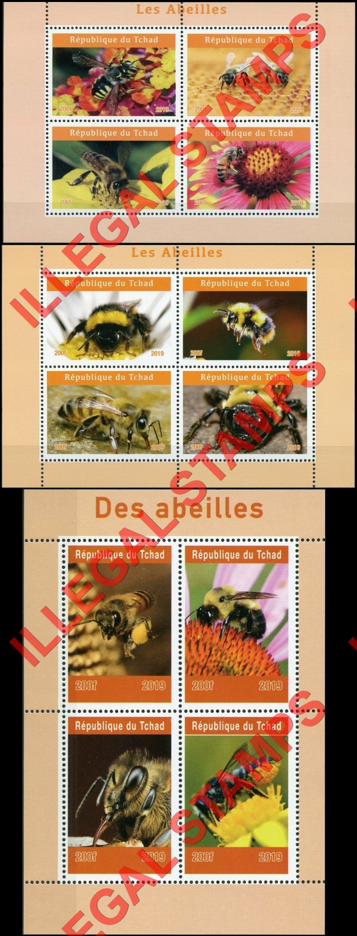Chad 2019 Bees Illegal Stamps in Souvenir Sheets of 4