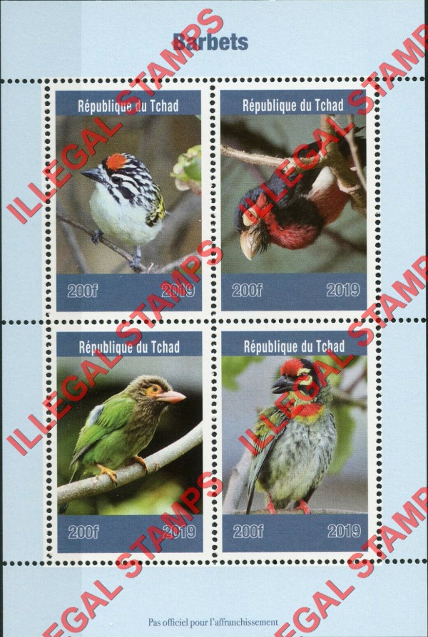 Chad 2019 Birds Barbets Illegal Stamps in Souvenir Sheet of 4