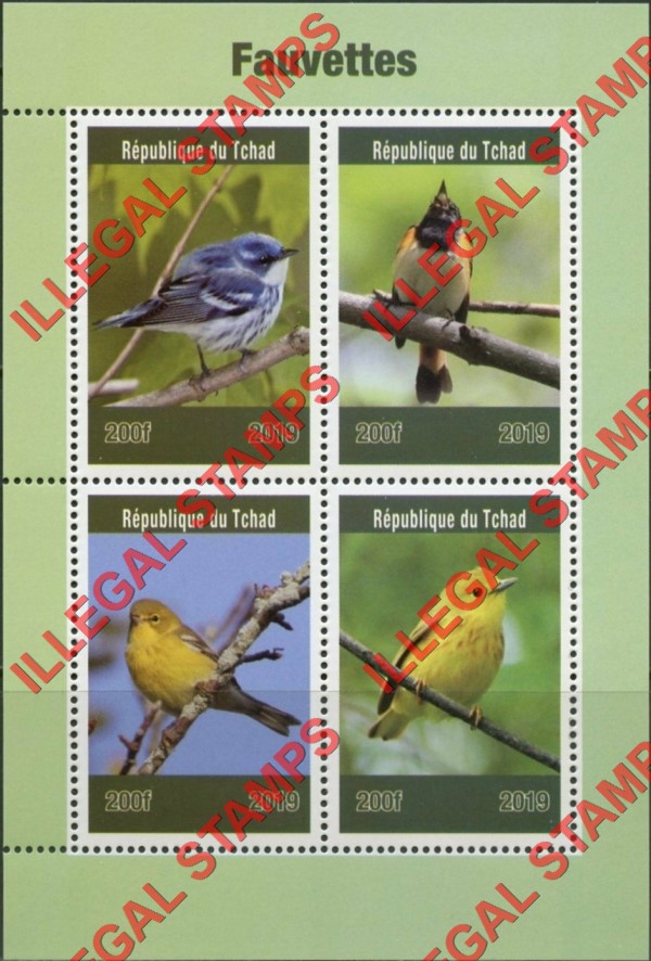 Chad 2019 Birds Fauvettes Warblers Illegal Stamps in Souvenir Sheet of 4