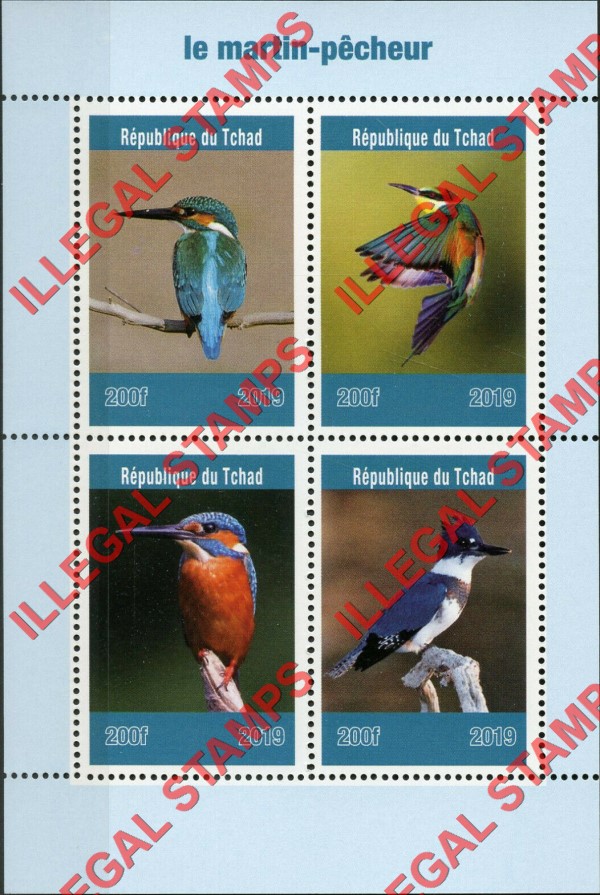 Chad 2019 Birds Kingfishers Illegal Stamps in Souvenir Sheet of 4