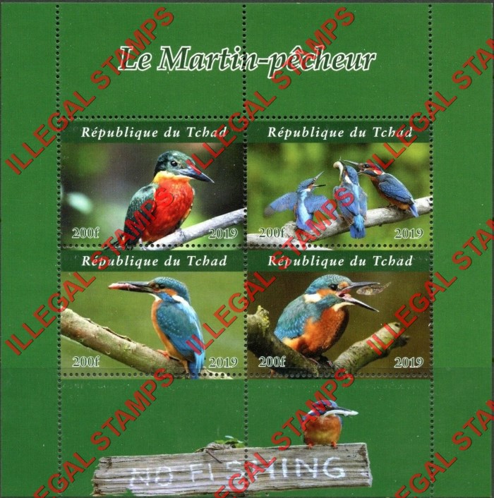 Chad 2019 Birds Kingfishers (different) Illegal Stamps in Souvenir Sheet of 4
