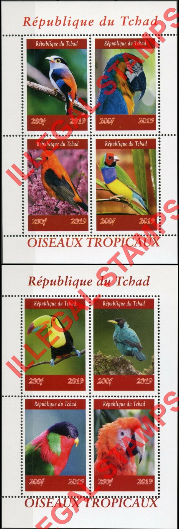 Chad 2019 Birds Tropical Illegal Stamps in Souvenir Sheets of 4