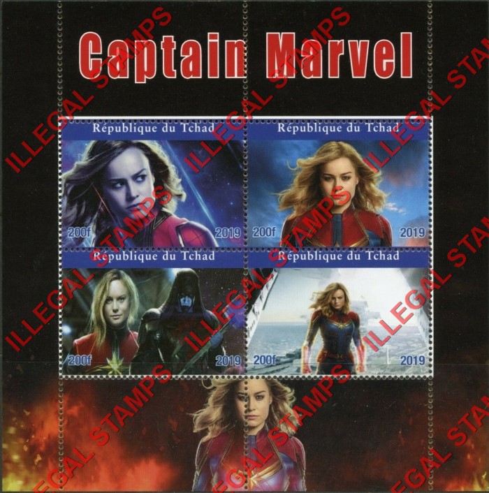Chad 2019 Captain Marvel Illegal Stamps in Souvenir Sheet of 4