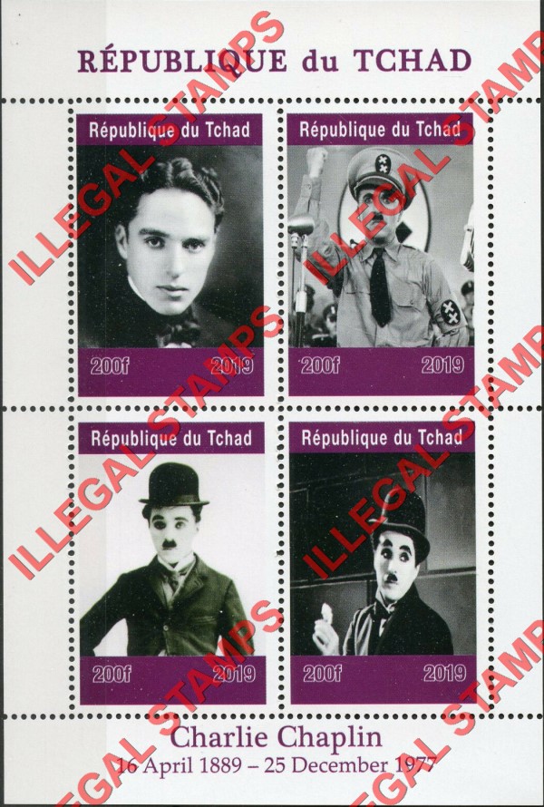 Chad 2019 Charlie Chaplin Illegal Stamps in Souvenir Sheet of 4